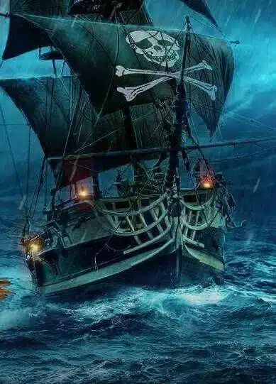 Illustration of a pirate ship flying a skull flag in a stormy sea at night.