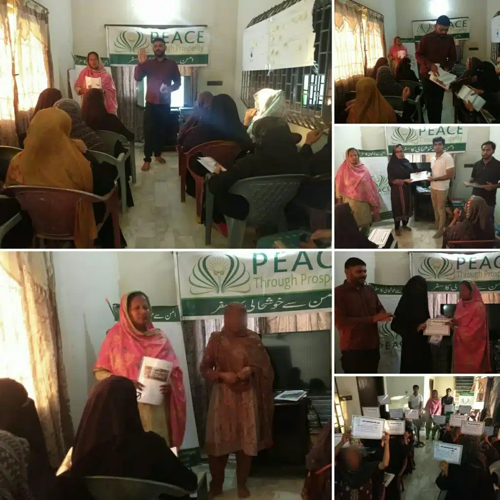 Collage of six photographs from community workshops held under a Peace Through Prosperity banner.