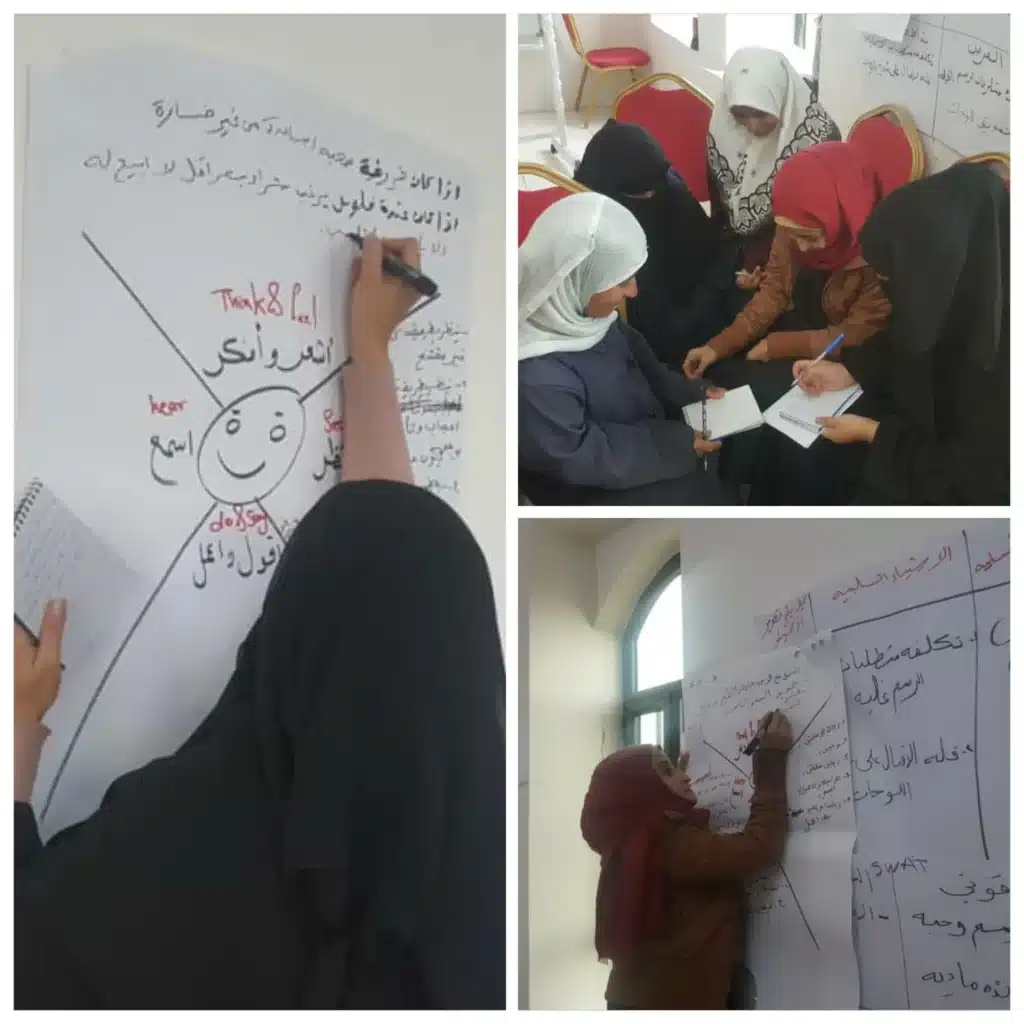 Collage of three workshop photographs: writing on a flip chart, a group working at a table, and notes being added to a whiteboard.